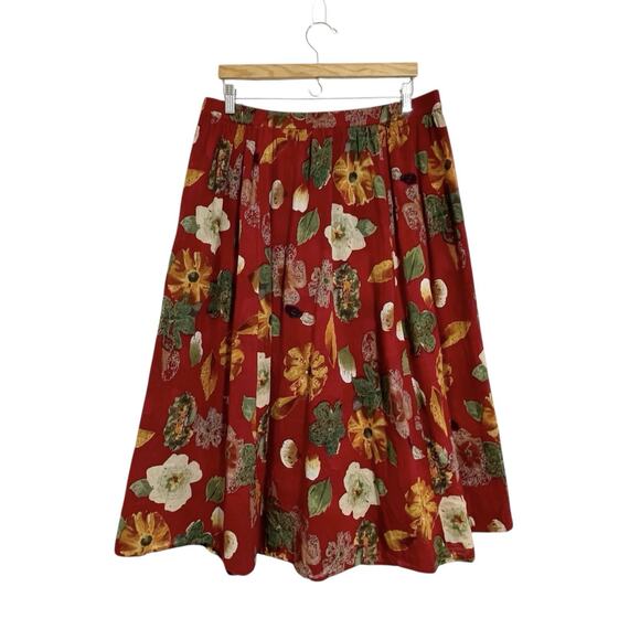 La Cera Reversible Floral Midi Skirt Size L Red Black Watercolor Flowy India - Picture 2 of 11